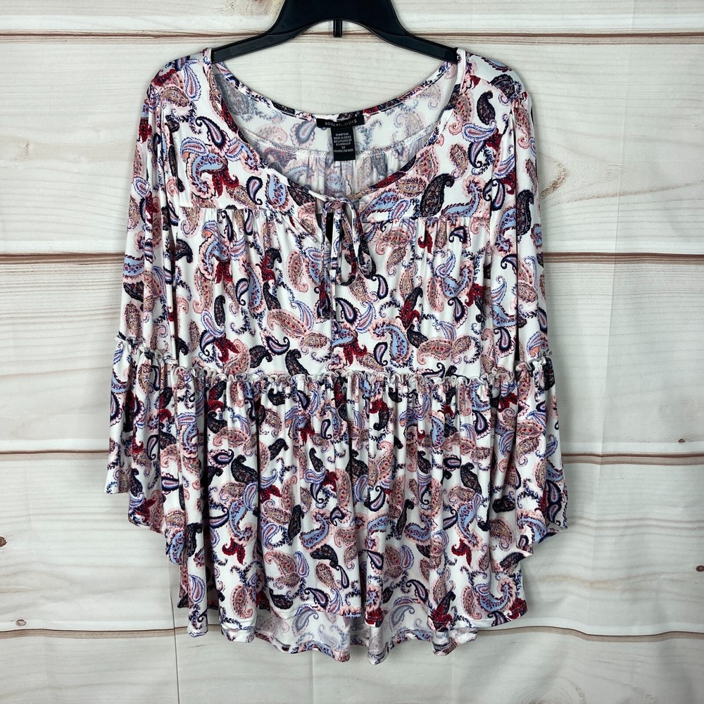 Robert Louis Top Womens M Paisley Knit Blouse Tiered Swing Keyhole Neck Pullover